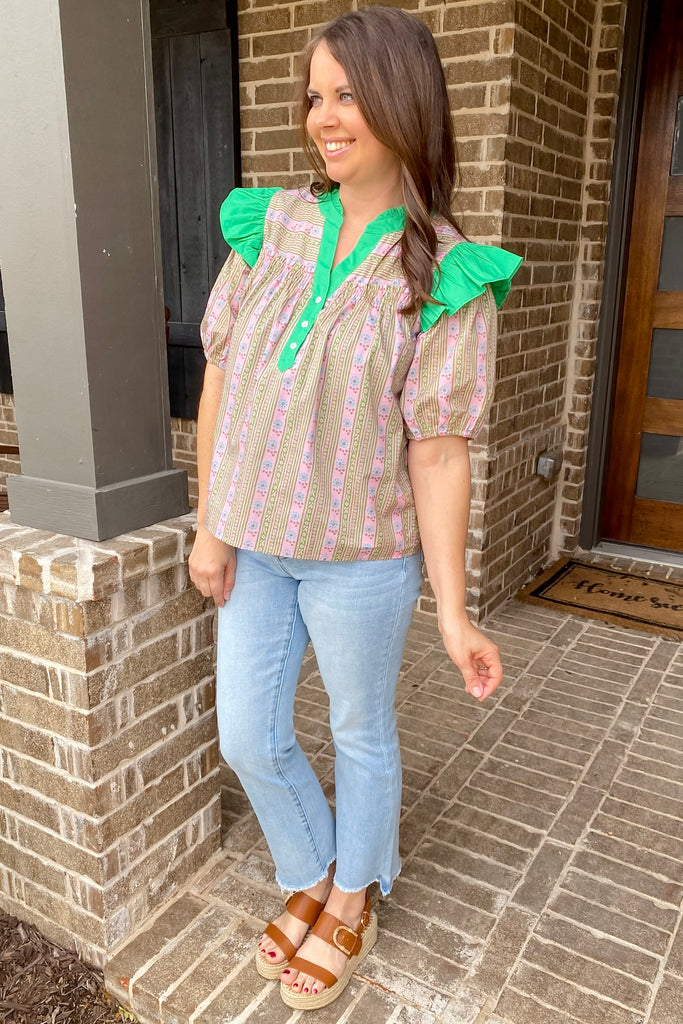 More to Come Contrast Floral Print Green Top - Lyla's: Clothing, Decor & More - Plano Boutique