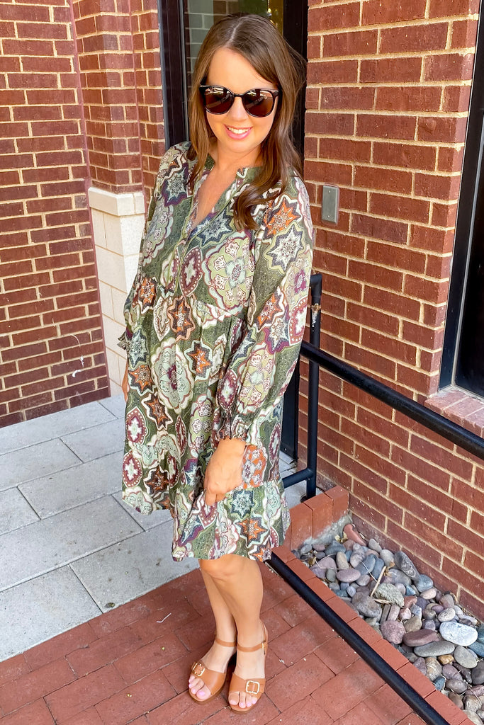 Forward Thinking Mosaic Abstract Print Olive Dress - Lyla's: Clothing, Decor & More - Plano Boutique