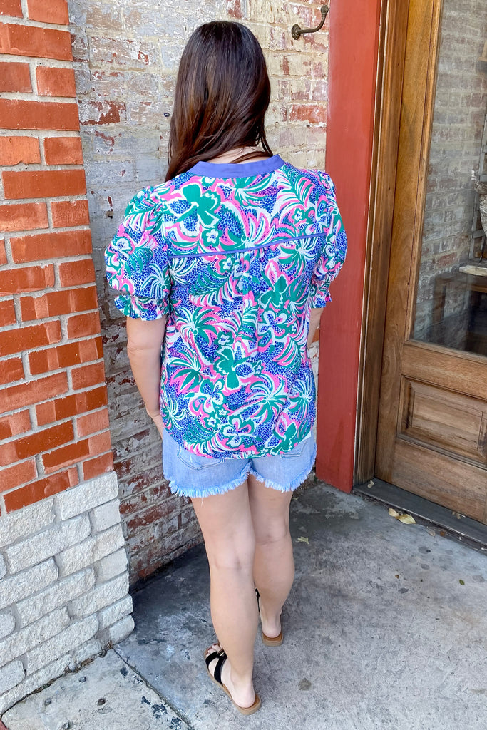 Something for You Bubble Sleeve Blue Print Top - Lyla's: Clothing, Decor & More - Plano Boutique