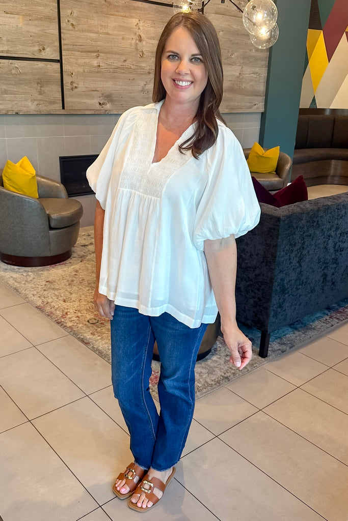 Serenity Smocked Off White Top - Lyla's: Clothing, Decor & More - Plano Boutique
