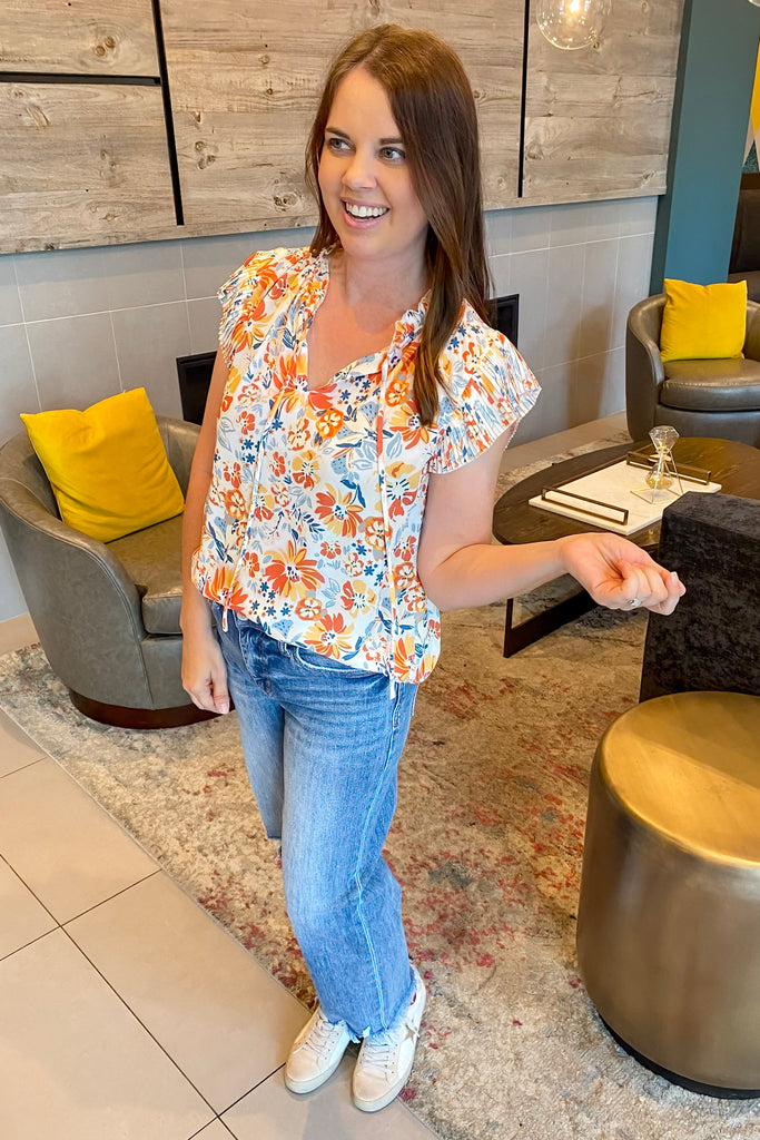 Orange and Navy Love Floral Print Pleat Top - Lyla's: Clothing, Decor & More - Plano Boutique