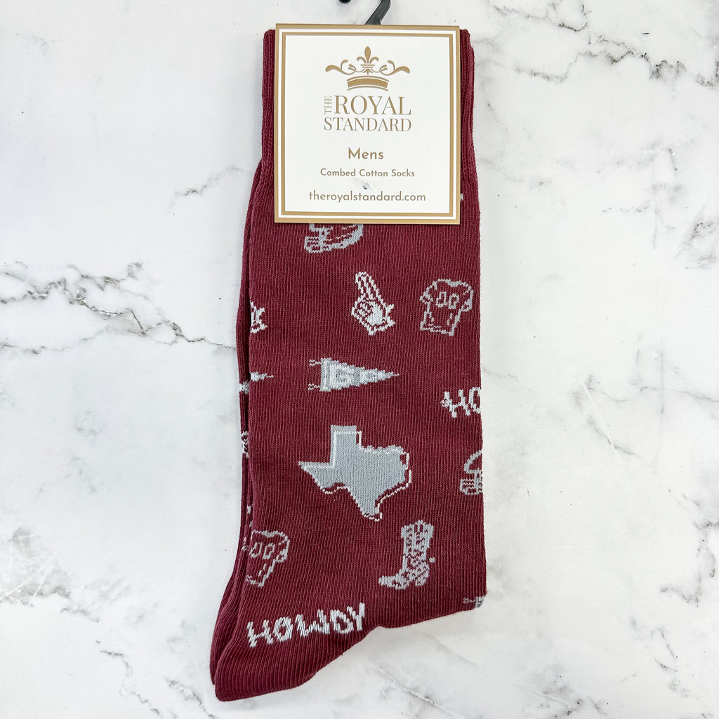 Howdy Maroon and Grey Texas Mens Socks - Lyla's: Clothing, Decor & More - Plano Boutique