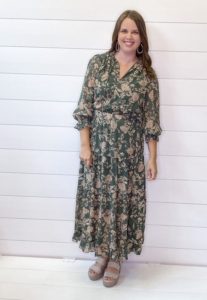 Olive Floral Print Tiered Maxi Dress - Lyla's: Clothing, Decor & More - Plano Boutique