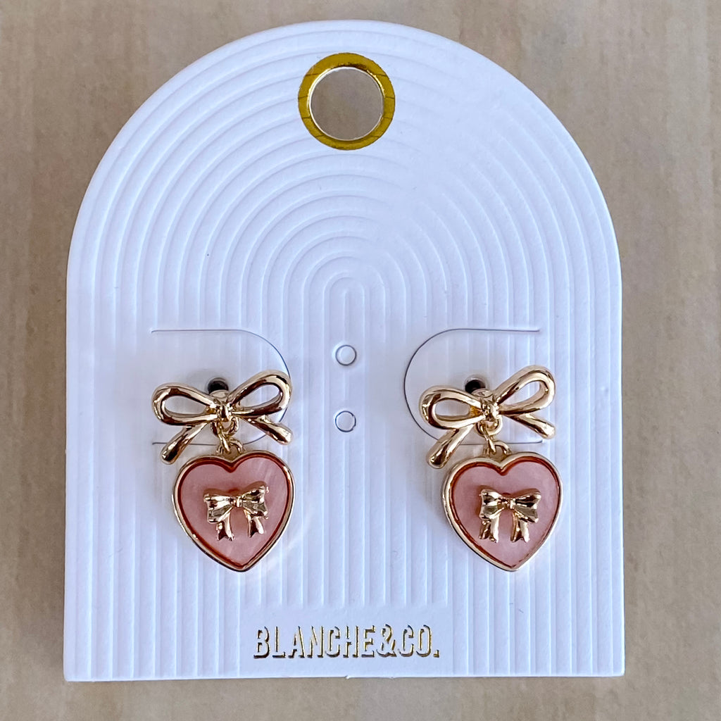 Gold Bow Stud Earring With Pink Mother Of Pearl Heart - Lyla's: Clothing, Decor & More - Plano Boutique