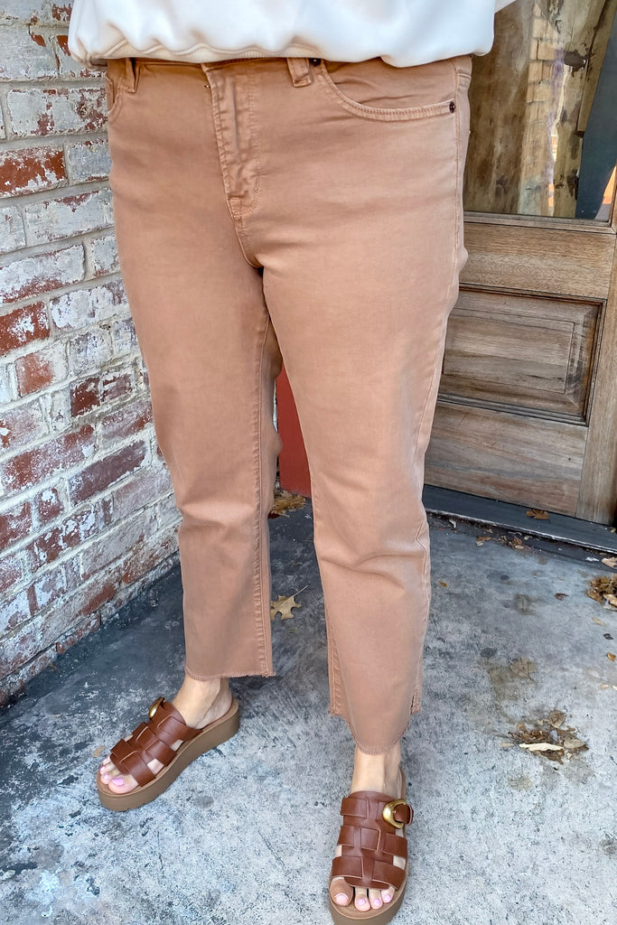 Brown Mid Rise Straight Leg With Slit At Bottom by Mica - Lyla's: Clothing, Decor & More - Plano Boutique