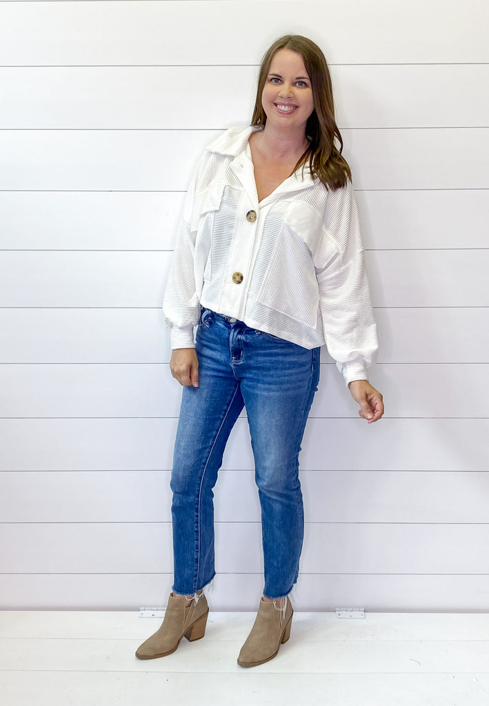 Soft Solid Rib Knit Cropped Shacket Ivory Top - Lyla's: Clothing, Decor & More - Plano Boutique