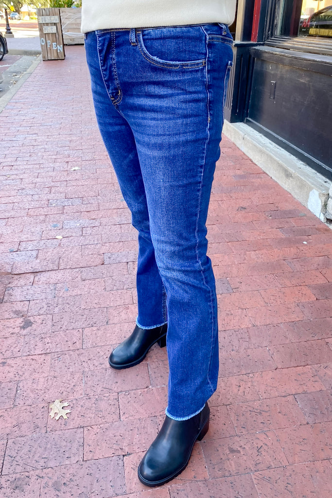 Dark Denim High Rise Raw Hem Kick Flare By Lovervet - Lyla's: Clothing, Decor & More - Plano Boutique
