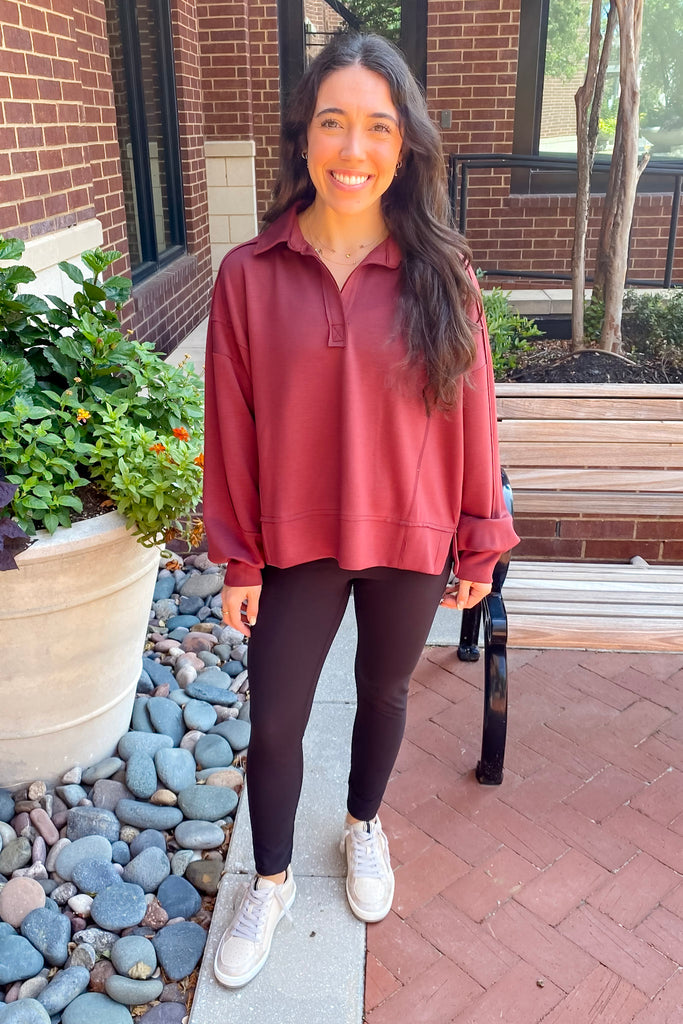 I See You Longsleeve Collar Deep Burgundy Top - Lyla's: Clothing, Decor & More - Plano Boutique
