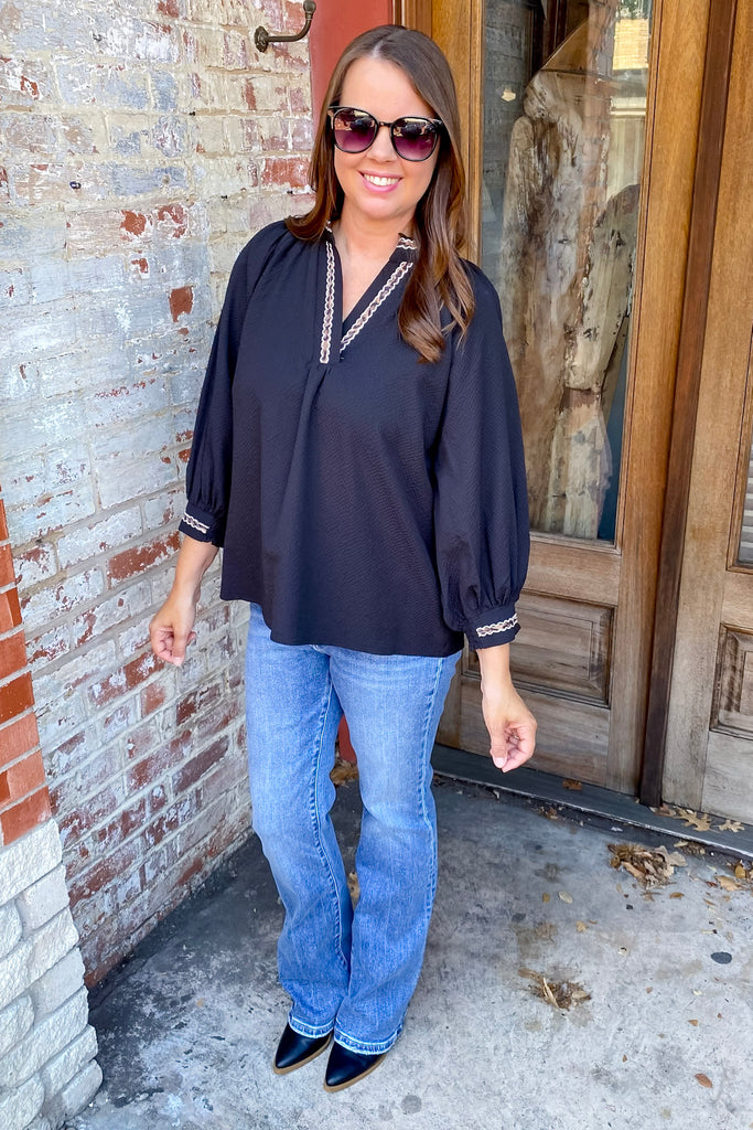 Touch of Wild Leopard Detail Black Top - Lyla's: Clothing, Decor & More - Plano Boutique