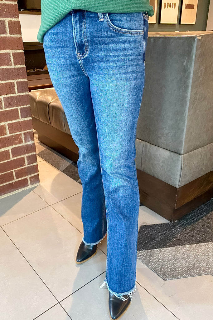 Medium Dark Denim High Rise Bootcut Jeans by Lovervet - Lyla's: Clothing, Decor & More - Plano Boutique