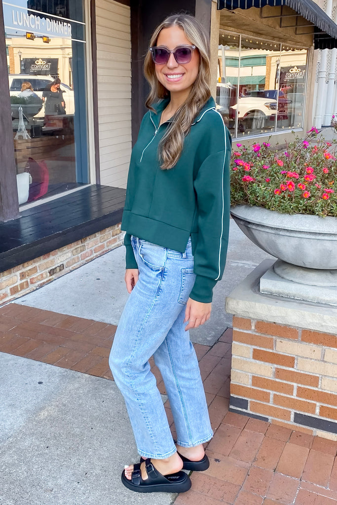 Moody Day Piping Detail Hunter Green Sweater - Lyla's: Clothing, Decor & More - Plano Boutique