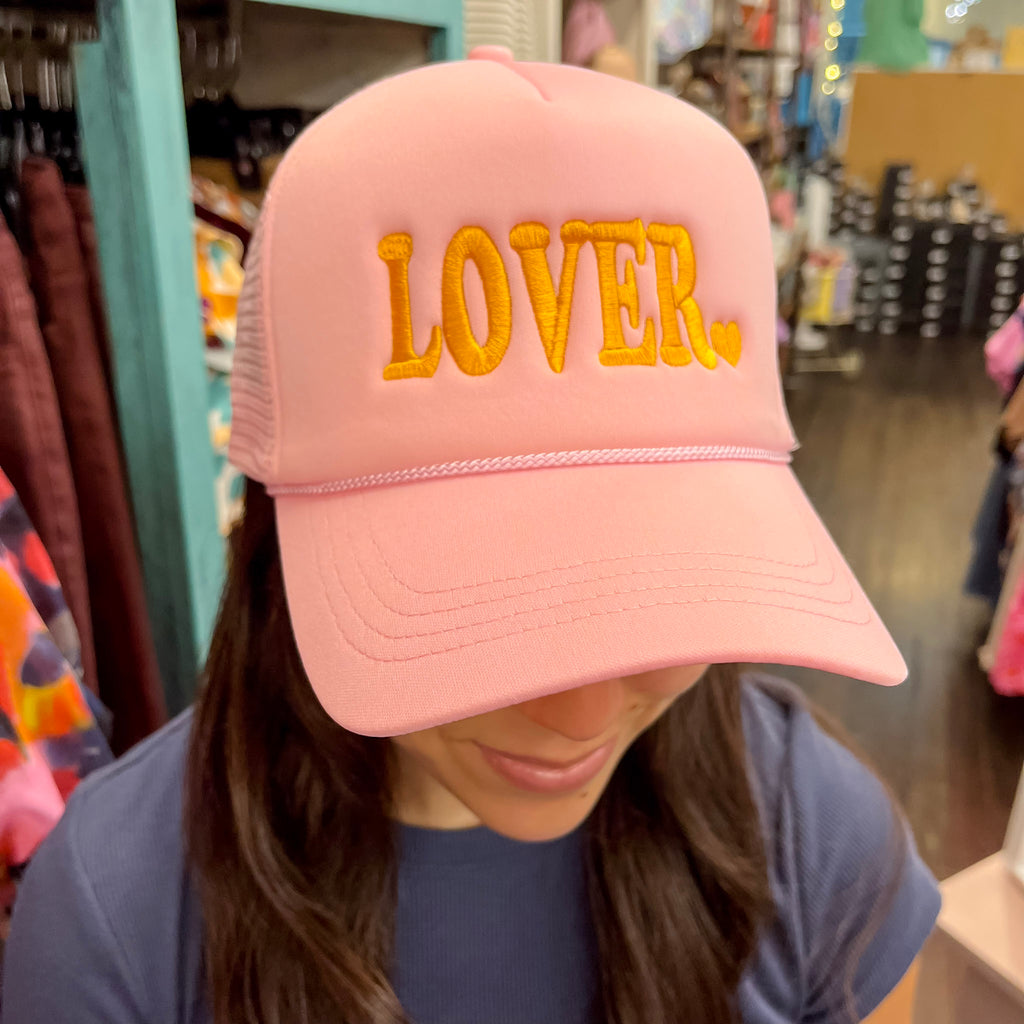 Lover Embroidery Baby Pink Mesh Back Trucker Hat - Lyla's: Clothing, Decor & More - Plano Boutique