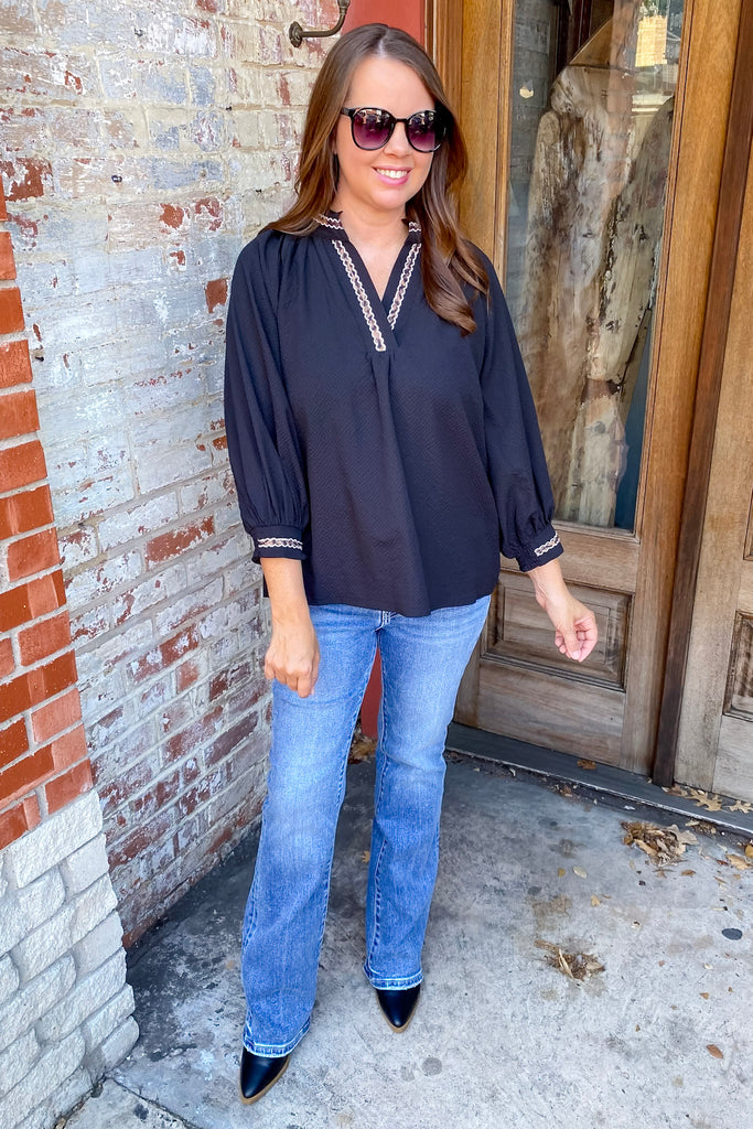 Touch of Wild Leopard Detail Black Top - Lyla's: Clothing, Decor & More - Plano Boutique