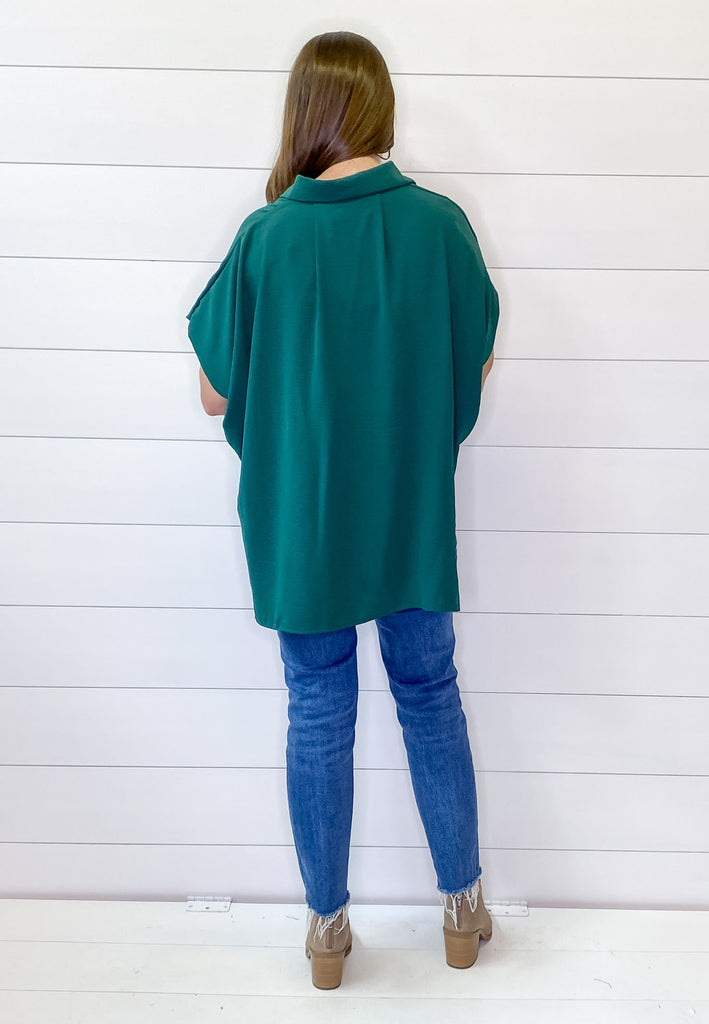 Drapey High Lo Button Up Hunter Green Top - Lyla's: Clothing, Decor & More - Plano Boutique