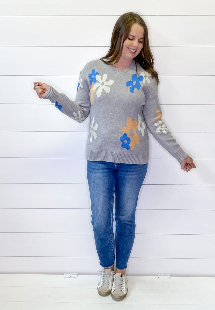Back to Floral Print Grey Sweater - Lyla's: Clothing, Decor & More - Plano Boutique