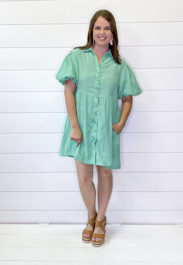 Minty Button Down Collar Dress - Lyla's: Clothing, Decor & More - Plano Boutique