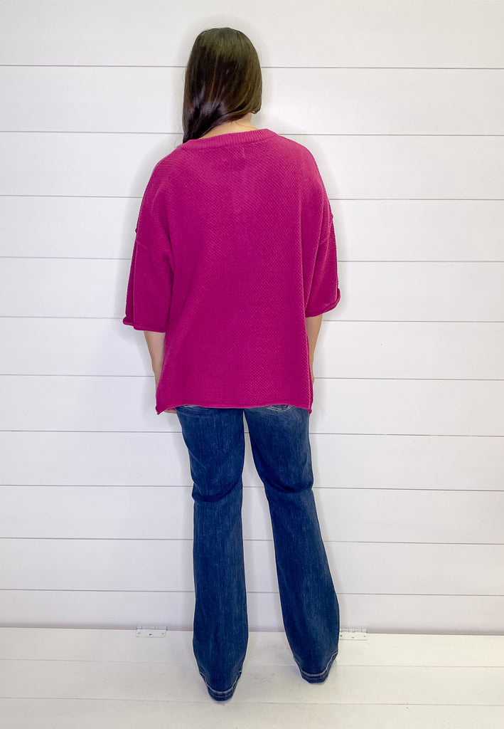 Magenta Half Button Sweater Top - Lyla's: Clothing, Decor & More - Plano Boutique