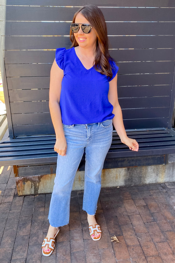 A Lil Ruffle V Neckline Royal Top - Lyla's: Clothing, Decor & More - Plano Boutique
