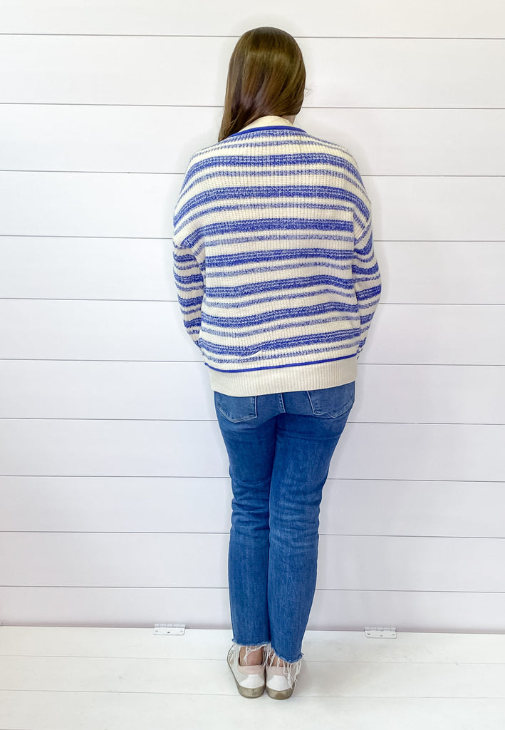 Tone to Tone Double Striped Cobalt Blue Sweater - Lyla's: Clothing, Decor & More - Plano Boutique