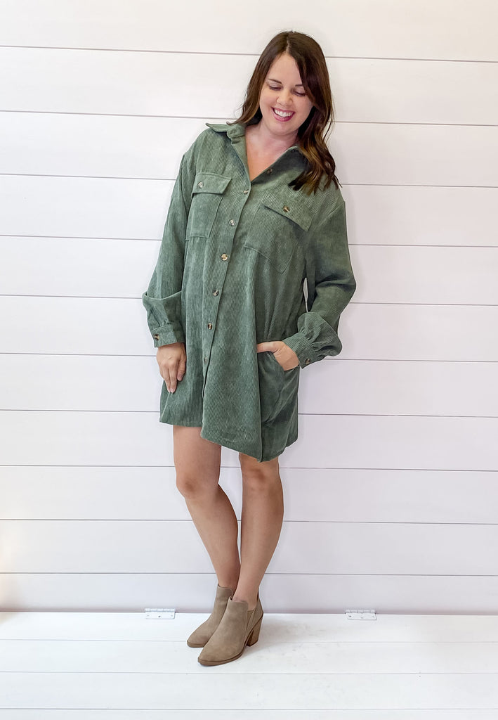Olive Corduory Button Up Dress - Lyla's: Clothing, Decor & More - Plano Boutique
