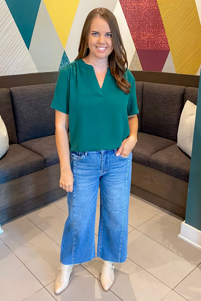 Olivia Punctual High Rise Raw Hem Twist Wide Jeans by Vervet - Lyla's: Clothing, Decor & More - Plano Boutique