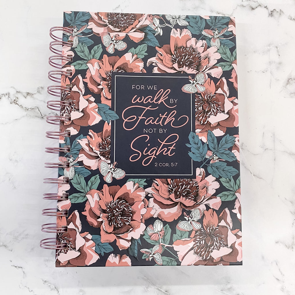 Walk By Faith Pink Floral Large Wirebound Journal - 2 Corinthians 5:7 - Lyla's: Clothing, Decor & More - Plano Boutique