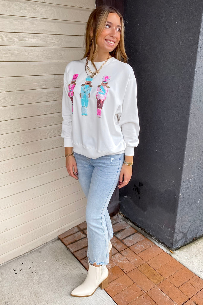 Three Nutcrackers Christmas White Sweater - Lyla's: Clothing, Decor & More - Plano Boutique