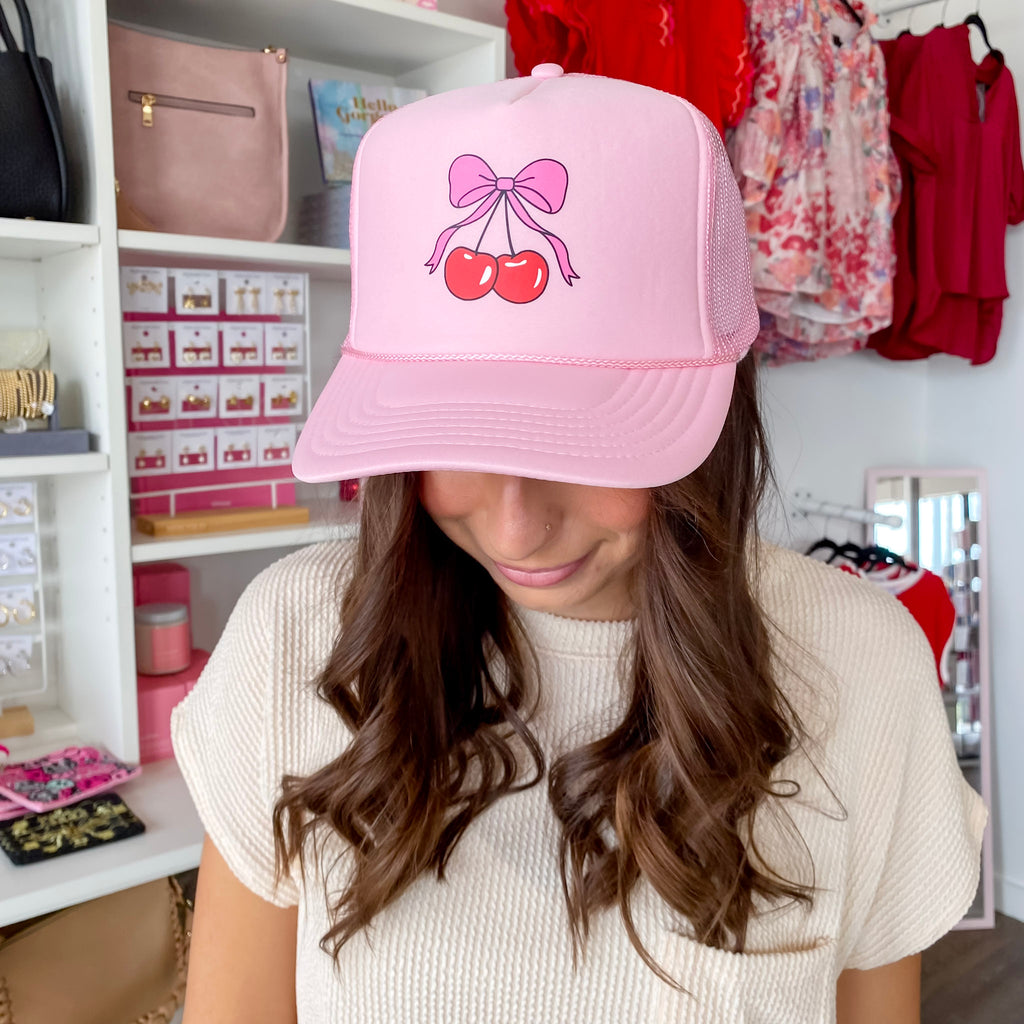 Cherry Bow Pink Foam Trucker Hat - Lyla's: Clothing, Decor & More - Plano Boutique