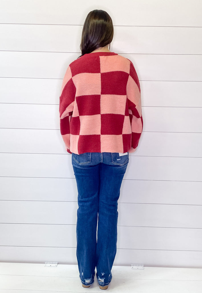 Oversized Brick and Peach Checkered Sweater - Lyla's: Clothing, Decor & More - Plano Boutique