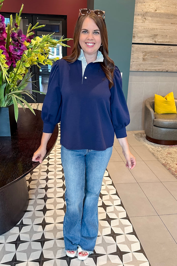 Polished and Chic Navy Collared Top - Lyla's: Clothing, Decor & More - Plano Boutique
