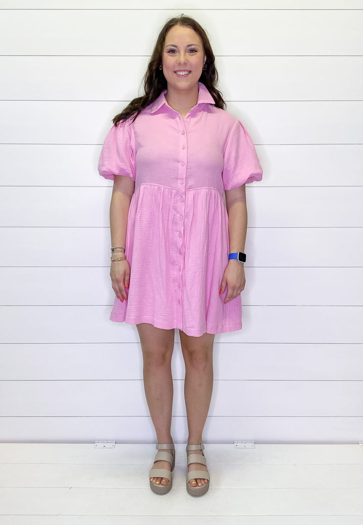 Cool Pink Button Down Collar Dress - Lyla's: Clothing, Decor & More - Plano Boutique