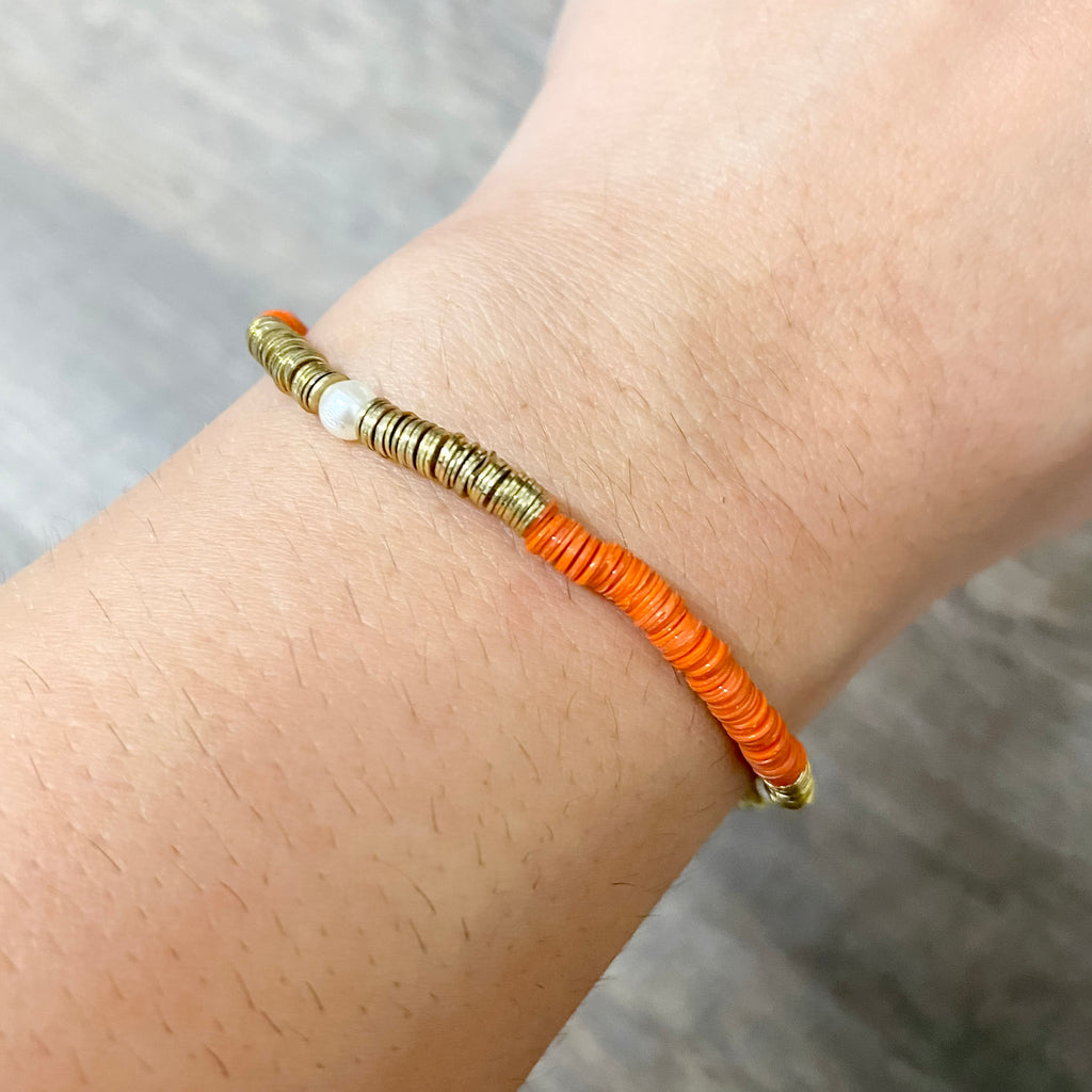 Rory Solid Color With Gold And Pearls Small Sequin Stretch Bracelet Coral by Ink & Alloy - Lyla's: Clothing, Decor & More - Plano Boutique
