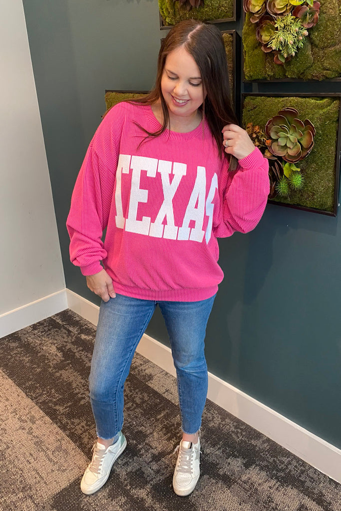 Texas Corduroy Graphic Fuchsia Sweater - Lyla's: Clothing, Decor & More - Plano Boutique