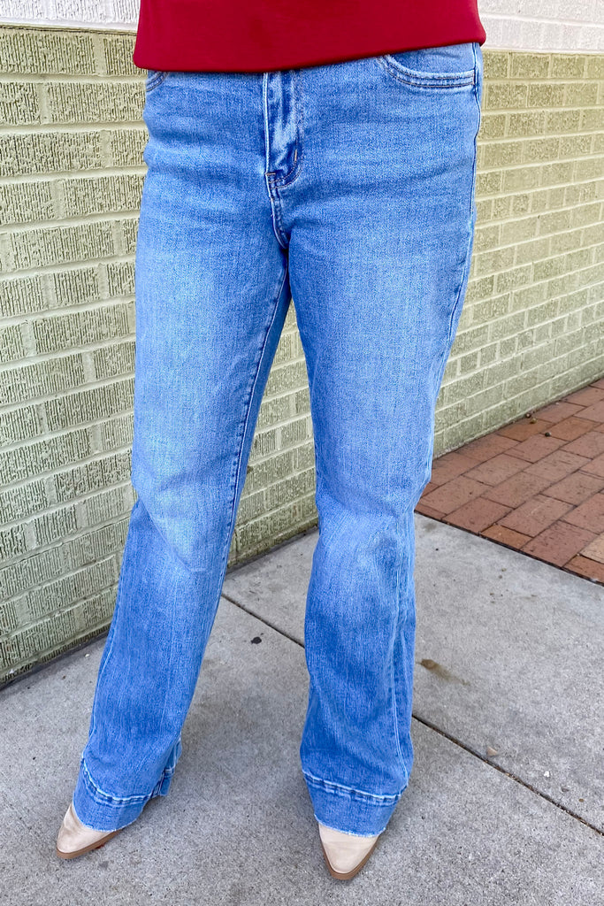 Bella Blue Lotus High Rise Trouser Hem Relaxed Flare Jeans by Vervet - Lyla's: Clothing, Decor & More - Plano Boutique