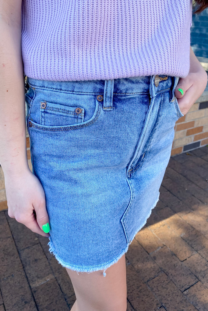 Light Smog Indigo High Rise Raw Hem Denim Skirt by Mica - Lyla's: Clothing, Decor & More - Plano Boutique