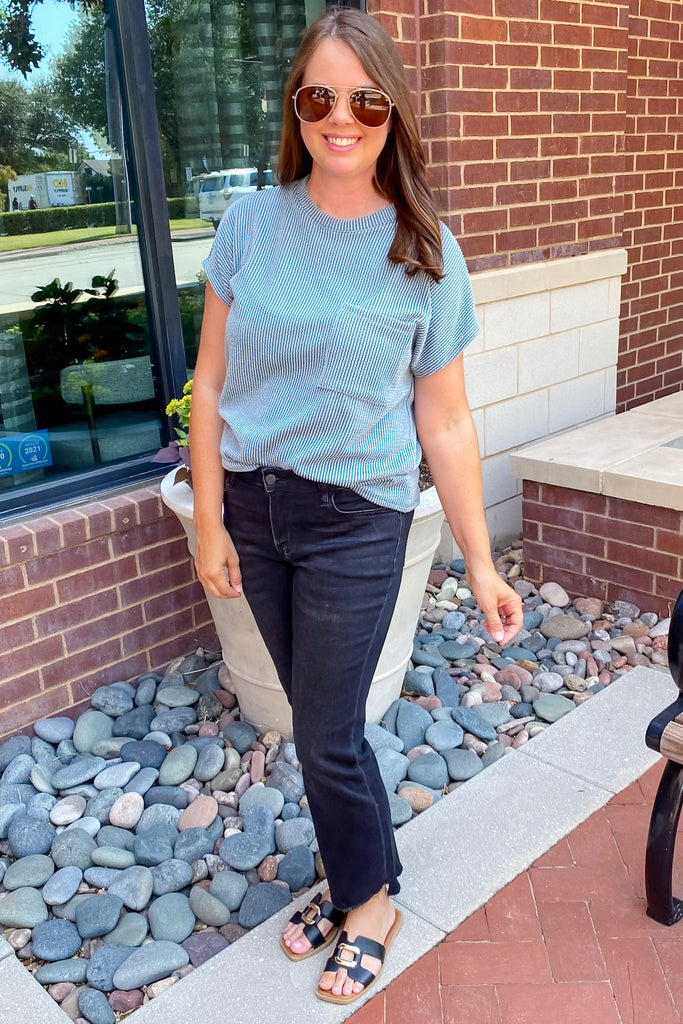 Alison Black Mid Rise Raw Step Hem Crop Flare Jeans by Vervet - Lyla's: Clothing, Decor & More - Plano Boutique