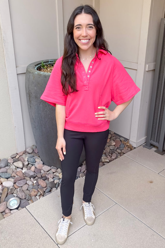 Athleisure French Terry Collared Flamingo Pink Top - Lyla's: Clothing, Decor & More - Plano Boutique