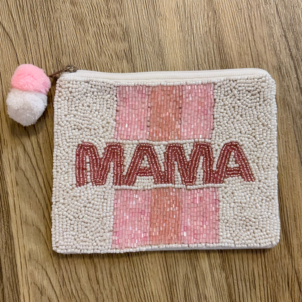 Mama White and Pink Beaded Pouch - Lyla's: Clothing, Decor & More - Plano Boutique