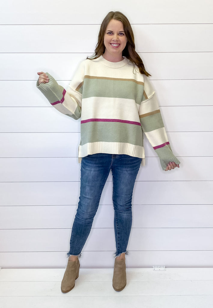 Reverse Stitch Cream and Sage Striped Sweater - Lyla's: Clothing, Decor & More - Plano Boutique