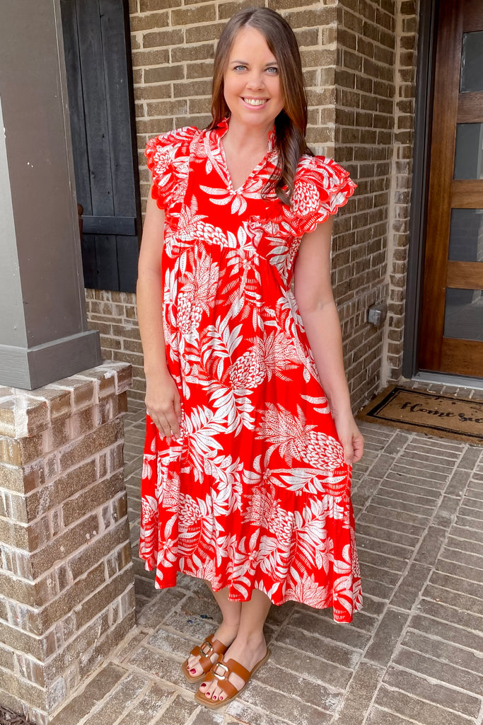 Crimson Palm Print Midi Dress - Lyla's: Clothing, Decor & More - Plano Boutique