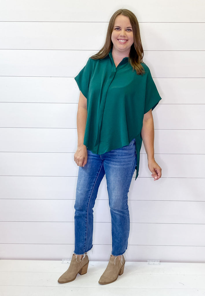 Drapey High Lo Button Up Hunter Green Top - Lyla's: Clothing, Decor & More - Plano Boutique