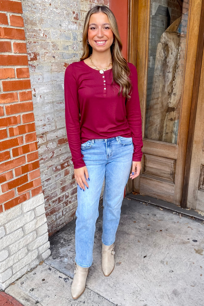 Going Places Wine Ribbed Henley Top - Lyla's: Clothing, Decor & More - Plano Boutique