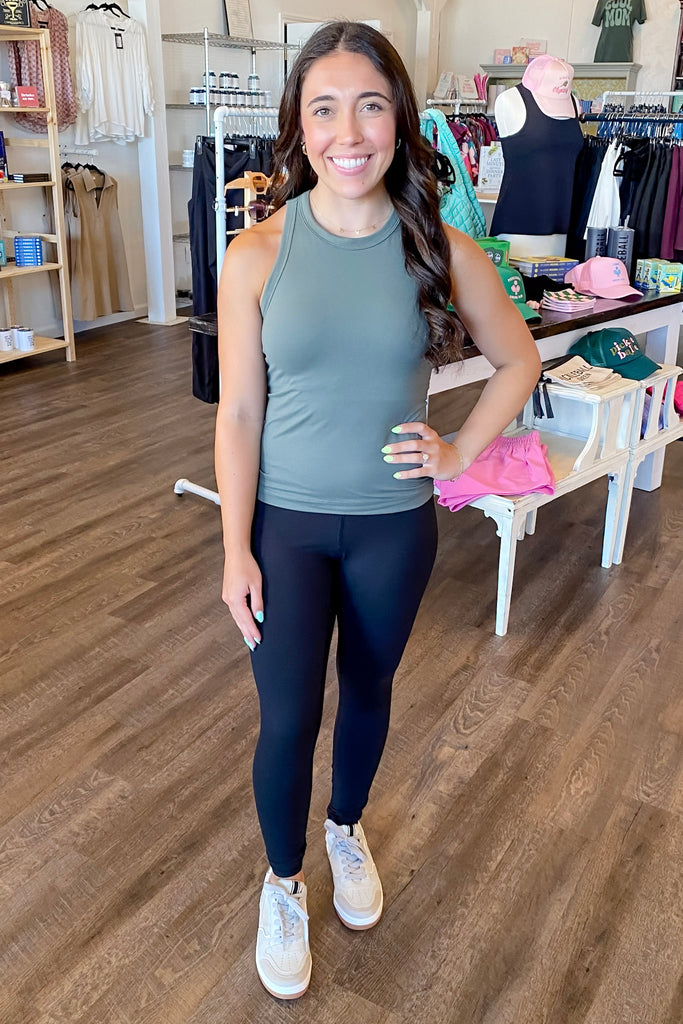 Athleisure Butter Sleeveless Racer Back Top Grey Sage - Lyla's: Clothing, Decor & More - Plano Boutique