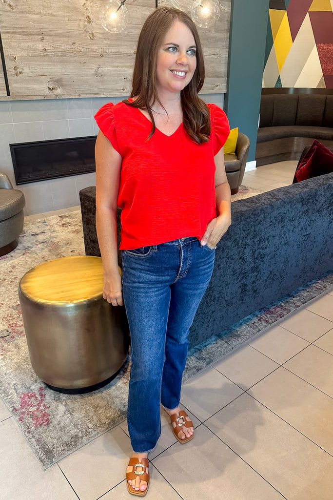 Dark Denim High Rise Raw Hem Kick Flare By Lovervet - Lyla's: Clothing, Decor & More - Plano Boutique