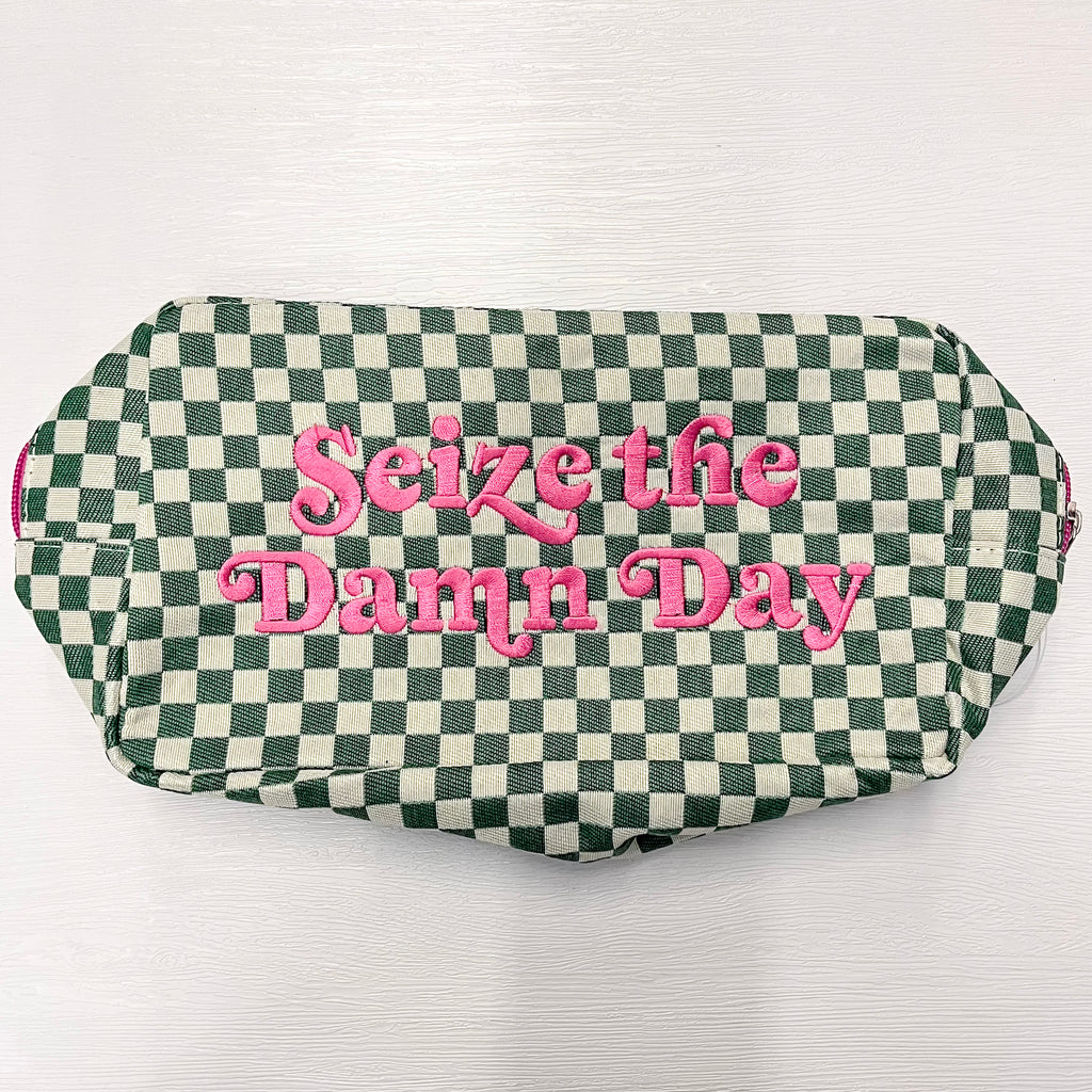 Seize the Damn Day Checkered Cosmetic Bag - Lyla's: Clothing, Decor & More - Plano Boutique