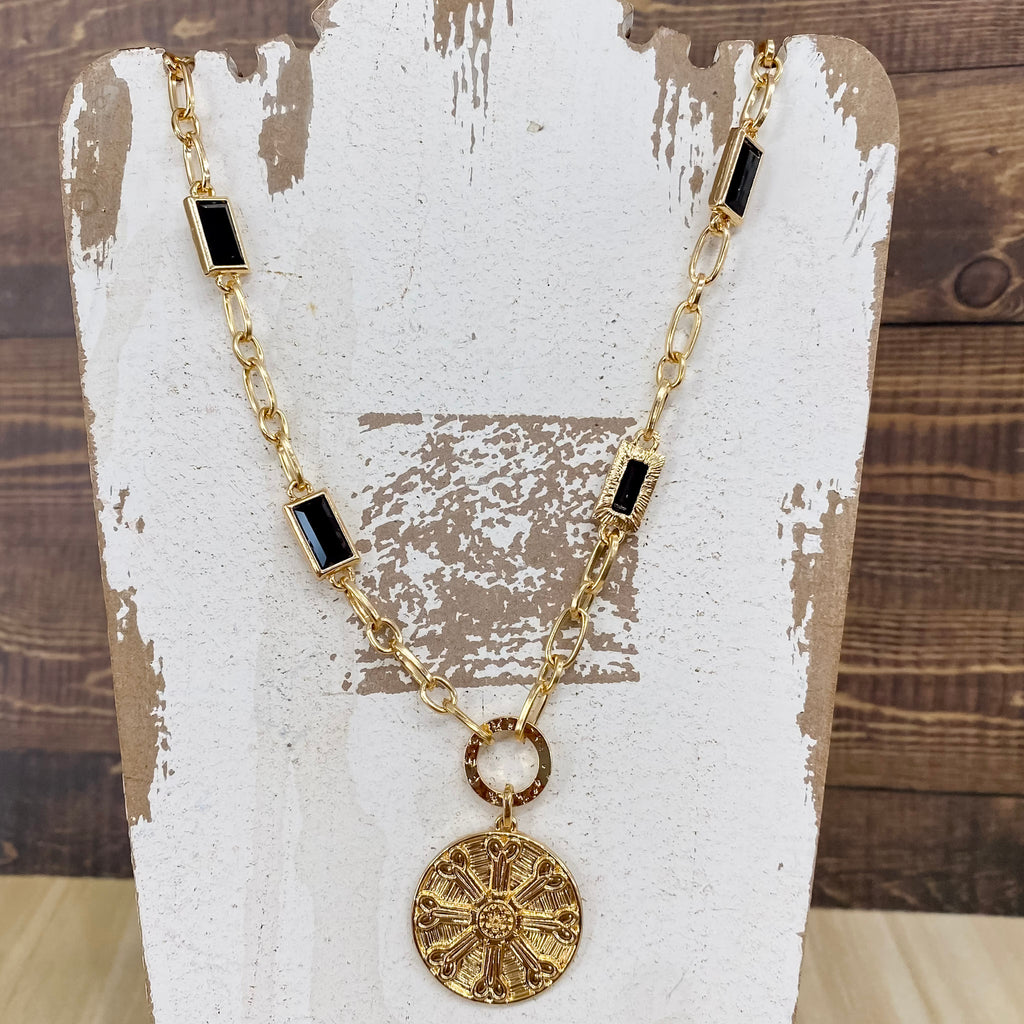 Gold Rectangle Crystal Chain And Gold Hammered Coin - Lyla's: Clothing, Decor & More - Plano Boutique