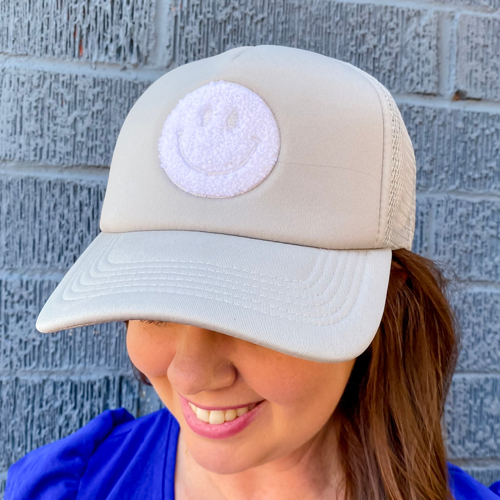 Smiley Face Embroidered Grey Foam Trucker Hat - Lyla's: Clothing, Decor & More - Plano Boutique