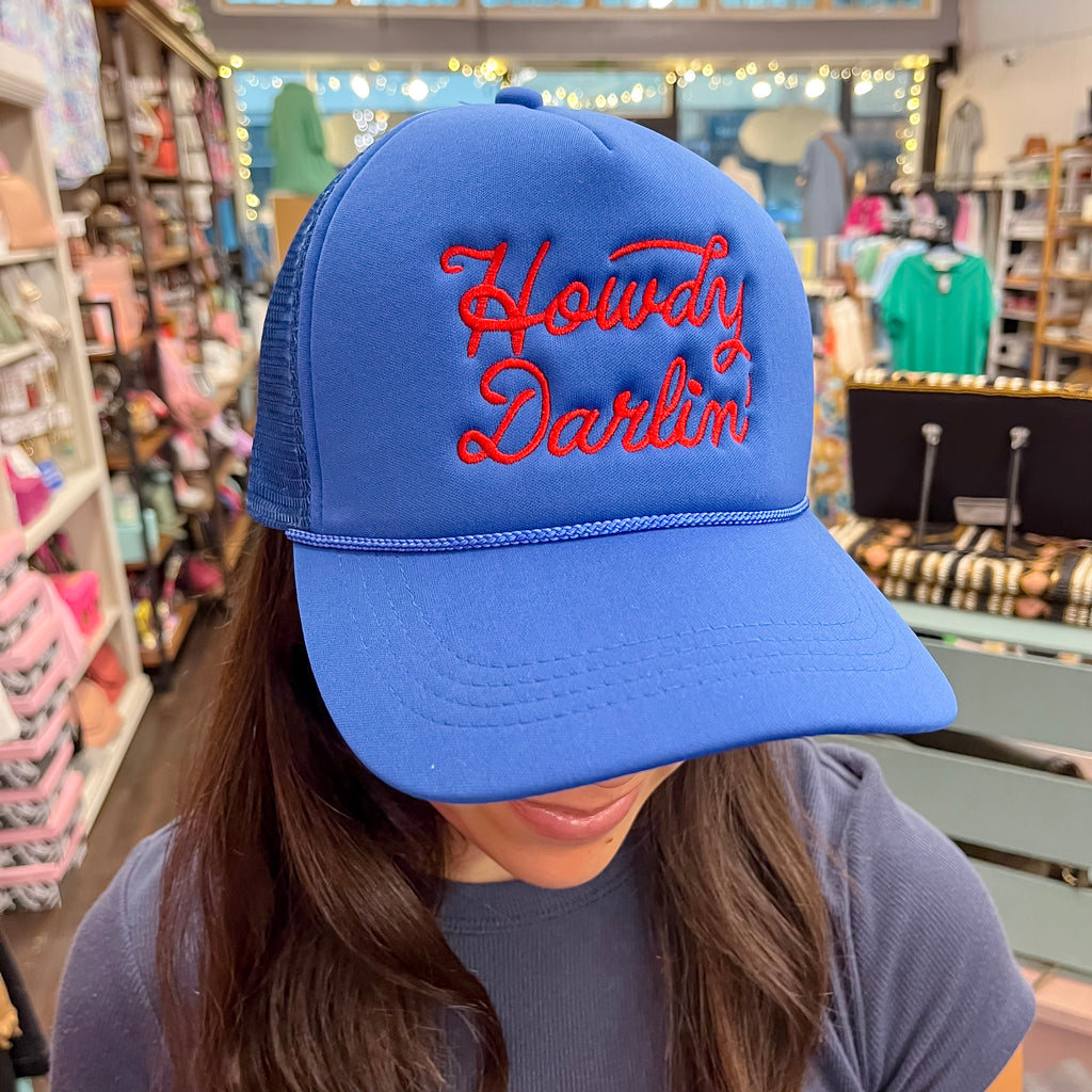 Howdy Darlin' Embroidery Cobalt Blue Mesh Back Trucker Hat - Lyla's: Clothing, Decor & More - Plano Boutique