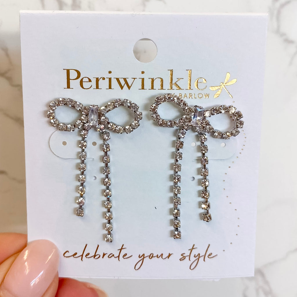 Silver Crystal Ribbon Bow Earrings - Lyla's: Clothing, Decor & More - Plano Boutique