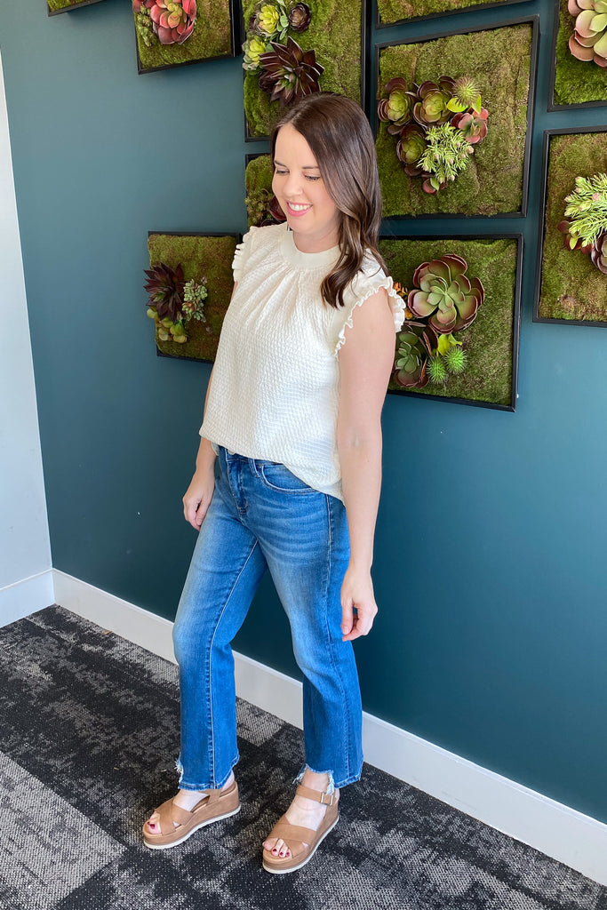Cream Rib Band Detailed Textured Top - Lyla's: Clothing, Decor & More - Plano Boutique